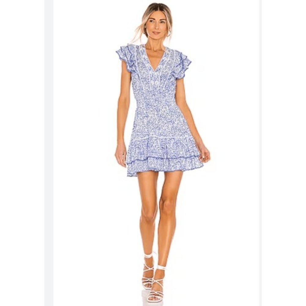 Poupette St Barth Camila Mini Dress L Floral Smocked Ruffle Boho Resort Beach